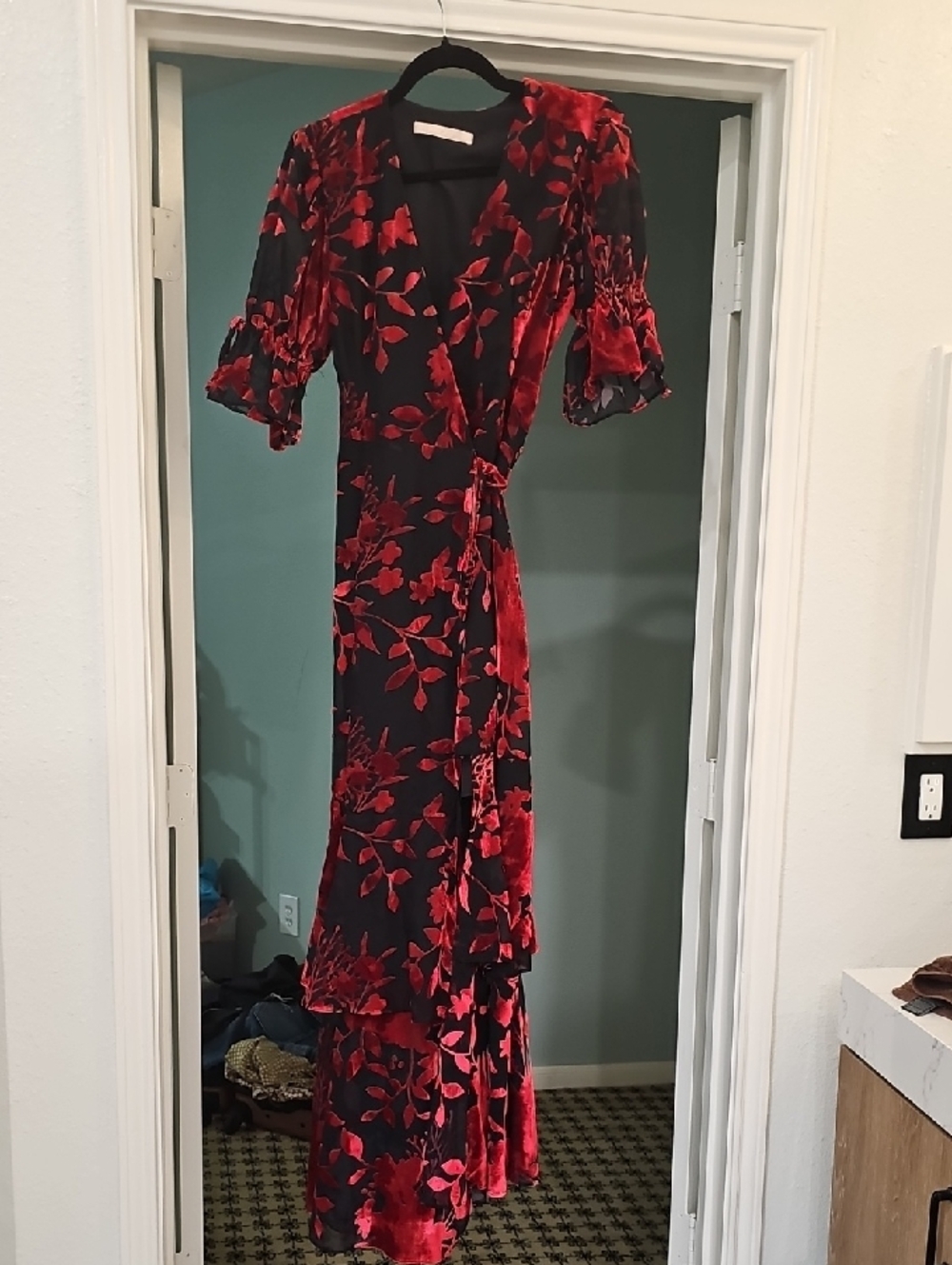 Hutch Black Maxi Dress with Red Floral Velvet Burnout